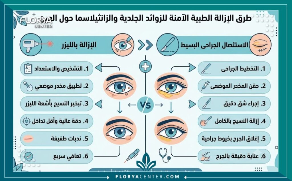 جراحة استئصال الزوائد الجلدية بالعين 3 إنفوجرافيك يقارن بين طرق استئصال الزوائد الجلدية بالعين باستخدام الليزر أو الجراحة المجهرية.
