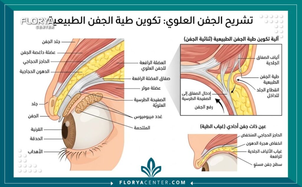 رسم توضيحي طبي يوضح تشريح الجفن العلوي والعضلات المسؤولة عن ثنية الجفن الطبيعية.