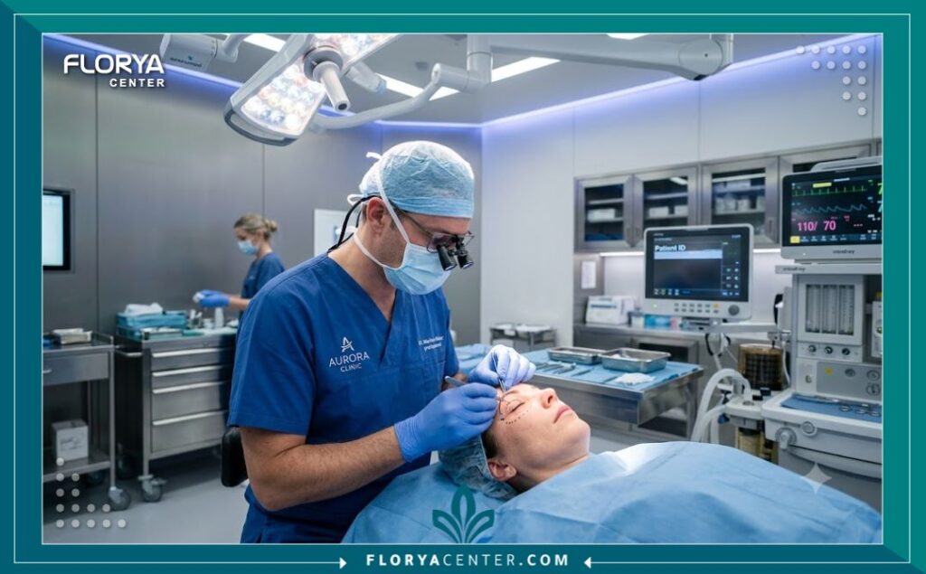 جراح تجميل متخصص يقوم بفحص دقيق داخل غرفة عمليات حديثة مجهزة لجراحات العيون والجفون.