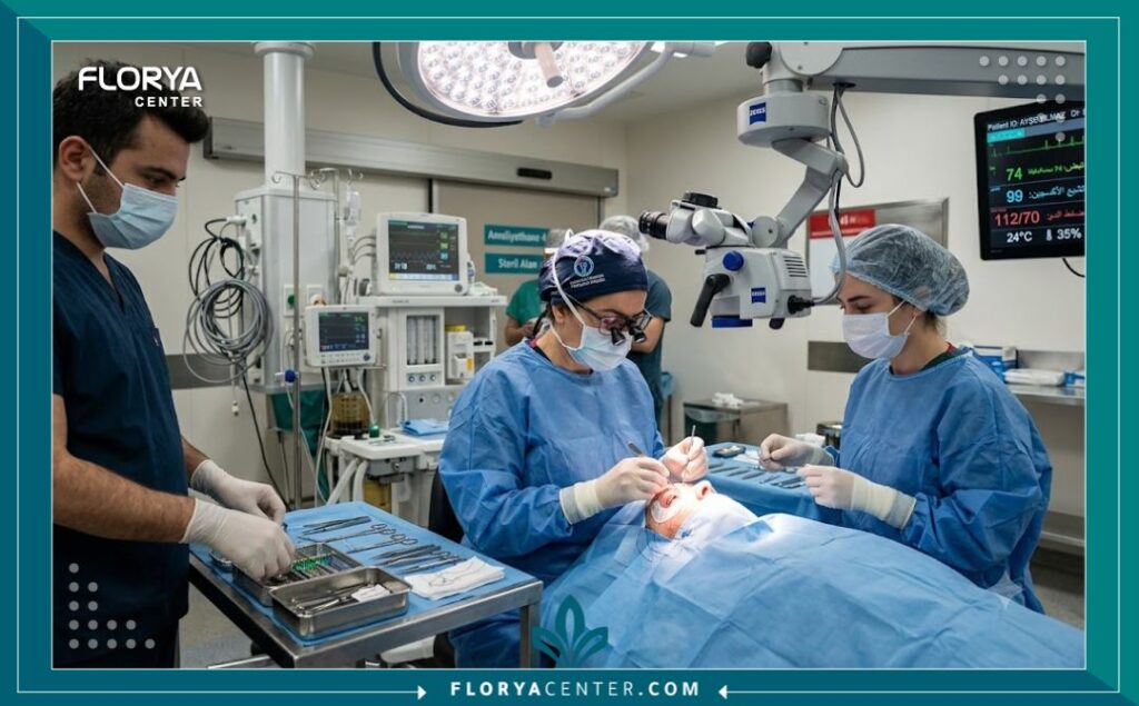 فريق طبي في غرفة عمليات حديثة يقوم بإجراء جراحة جفون ترميمية في مستشفى تركي