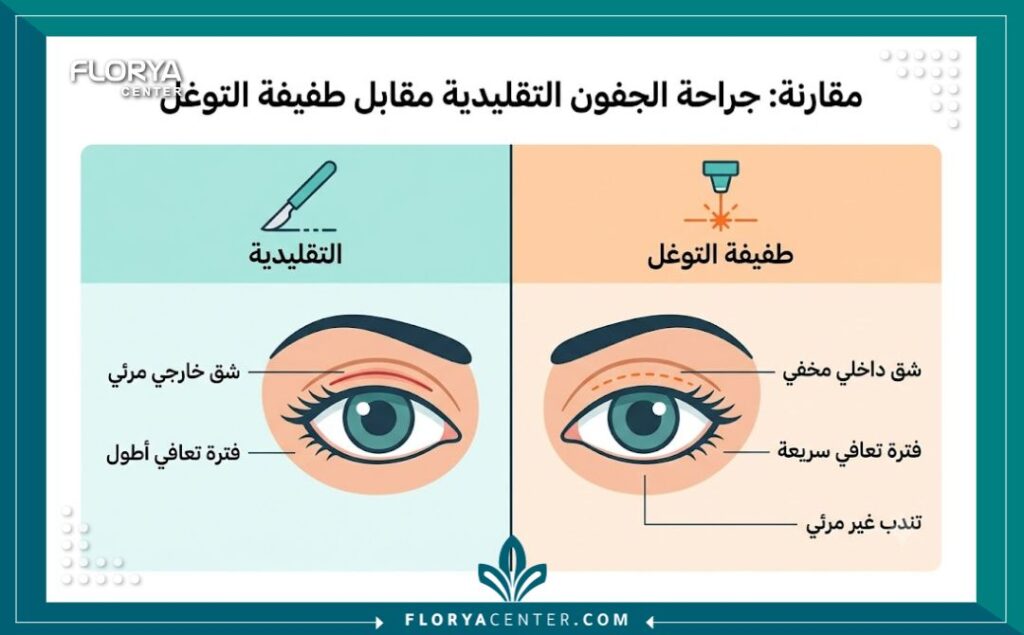 جراحة الجفون طفيفة التوغل 3 إنفوجرافيك يقارن بين جراحة الجفون التقليدية ذات الشقوق الخارجية وجراحة الجفون طفيفة التوغل ذات الشقوق المخفية وفترة التعافي السريعة.