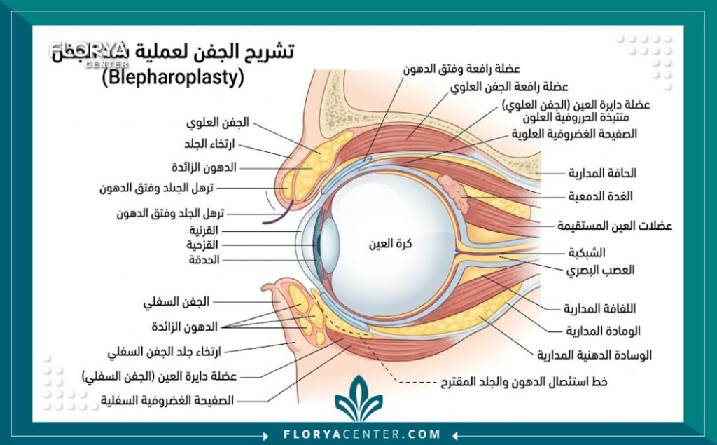 مخطط طبي يوضح تشريح العين ومواضع إزالة الجلد الزائد والدهون أثناء عملية شد الجفون.