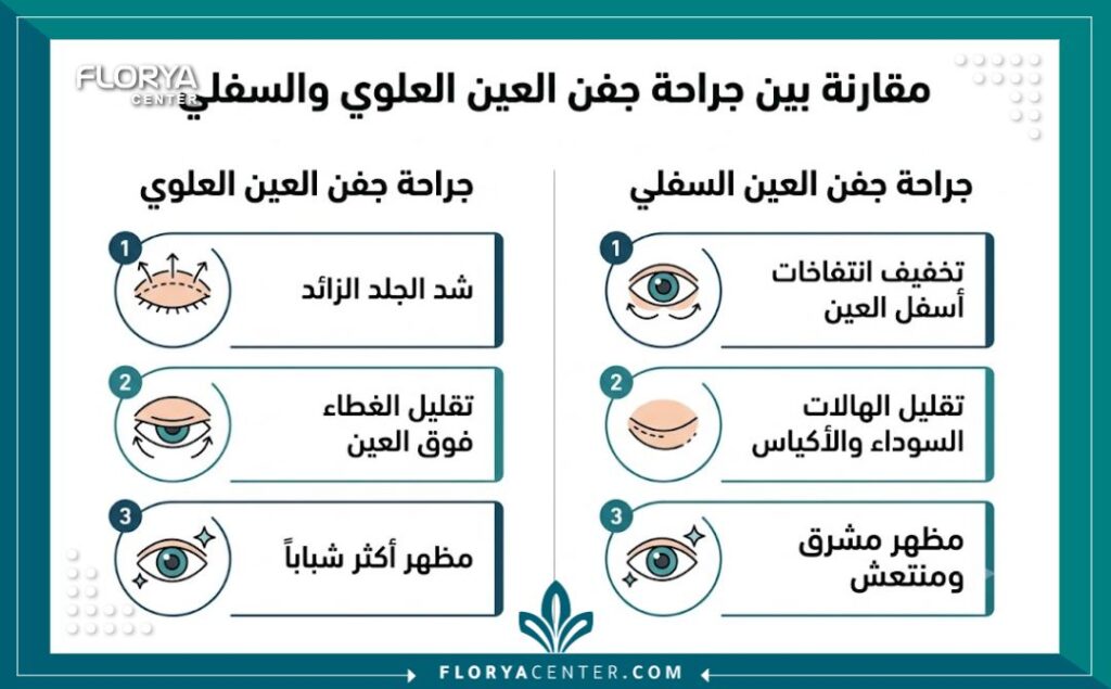 إنفوجرافيك مقارنة يوضح فوائد عملية تجميل الجفون العلوية والسفلية لعلاج ترهل العين.