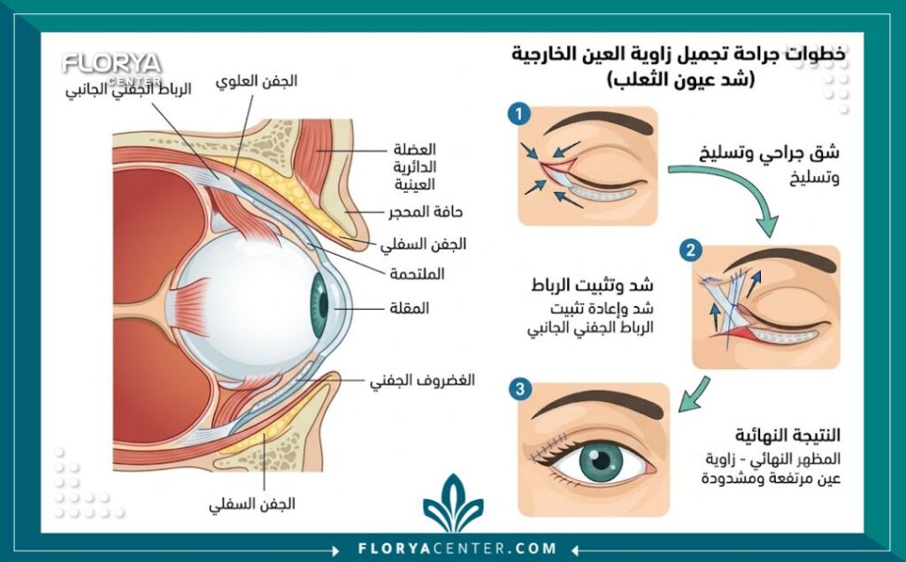 رسم توضيحي طبي دقيق يشرح تشريح العين ومنطقة الزاوية الخارجية قبل وبعد جراحة العيون المسحوبة (الكانثوبلاستي).