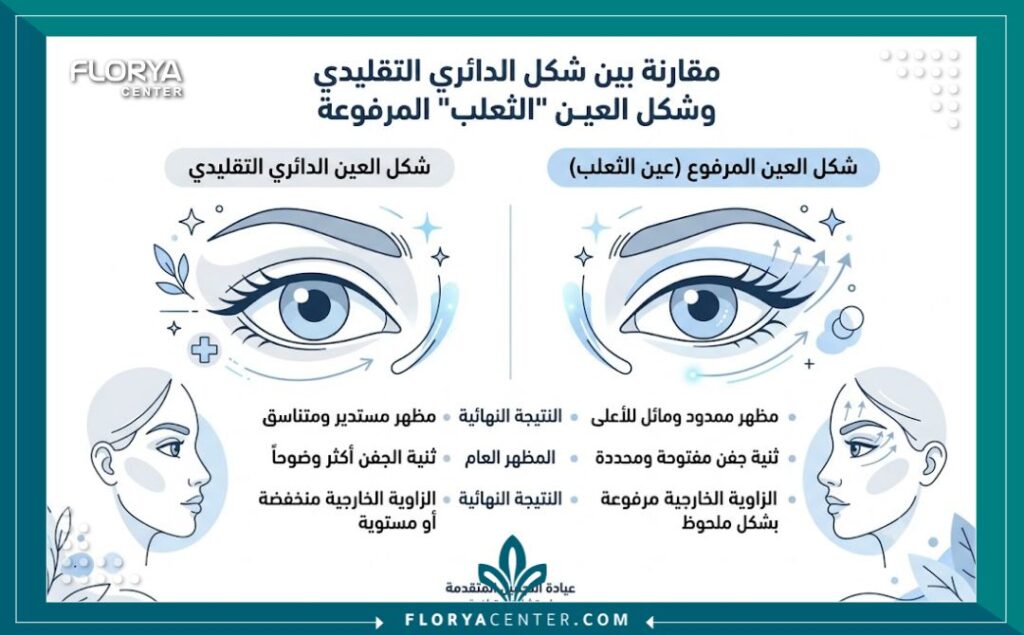 إنفوجرافيك يوضح الفرق بين شكل العين الطبيعي وشكل العين الجذاب بعد عملية العيون المسحوبة.