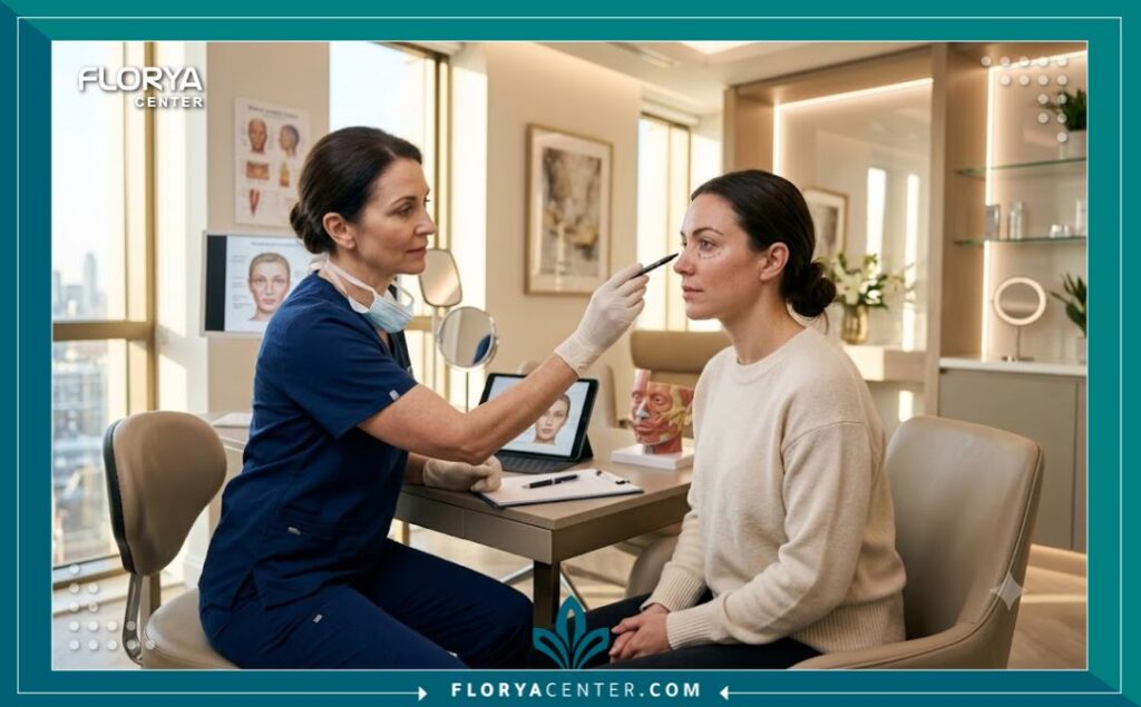 طبيب تجميل متخصص يقدم استشارة طبية لمريضة حول خطوات جراحة العيون المسحوبة داخل عيادة تجميل حديثة.