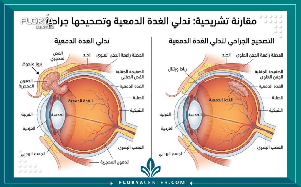 رسم توضيحي لتصحيح تدلي الغدة الدمعية في الجفن العلوي.