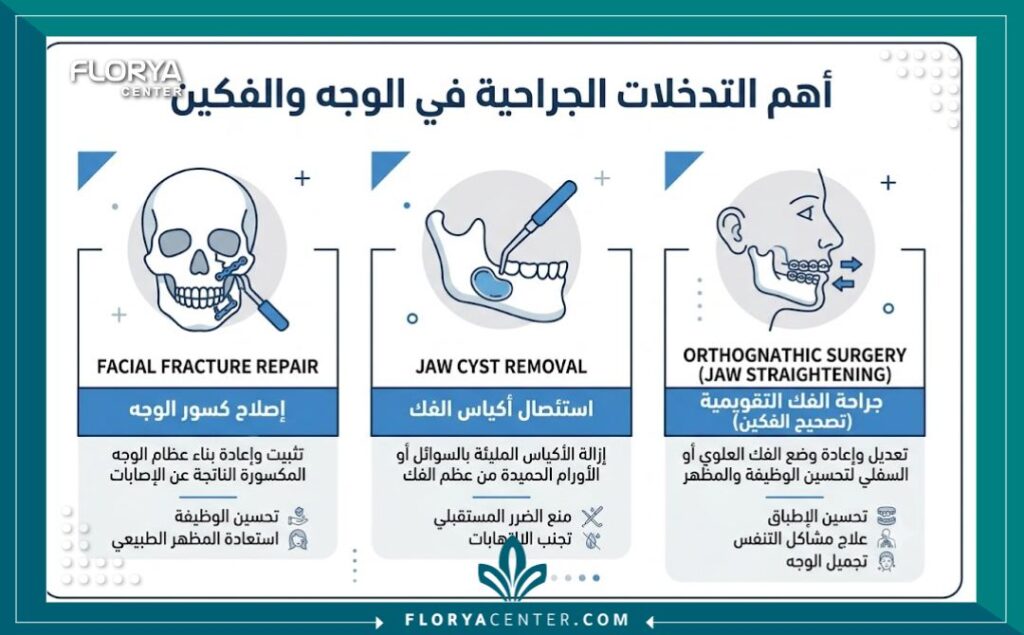 إنفوجرافيك يوضح أنواع جراحات الفم والفكين الكبرى مثل إزالة الأكياس الدهنية وجراحات التقويم وعلاج الكسور.