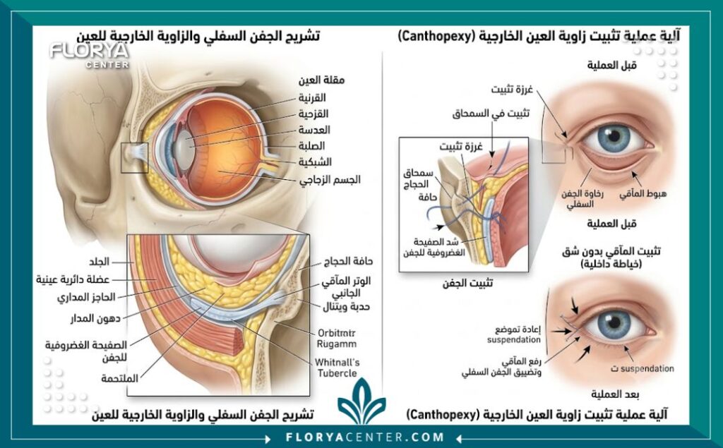 رسم توضيحي طبي يوضح تشريح العين وتفاصيل جراحة تثبيت الجفن السفلي وإصلاح وتر العين الخارجي.