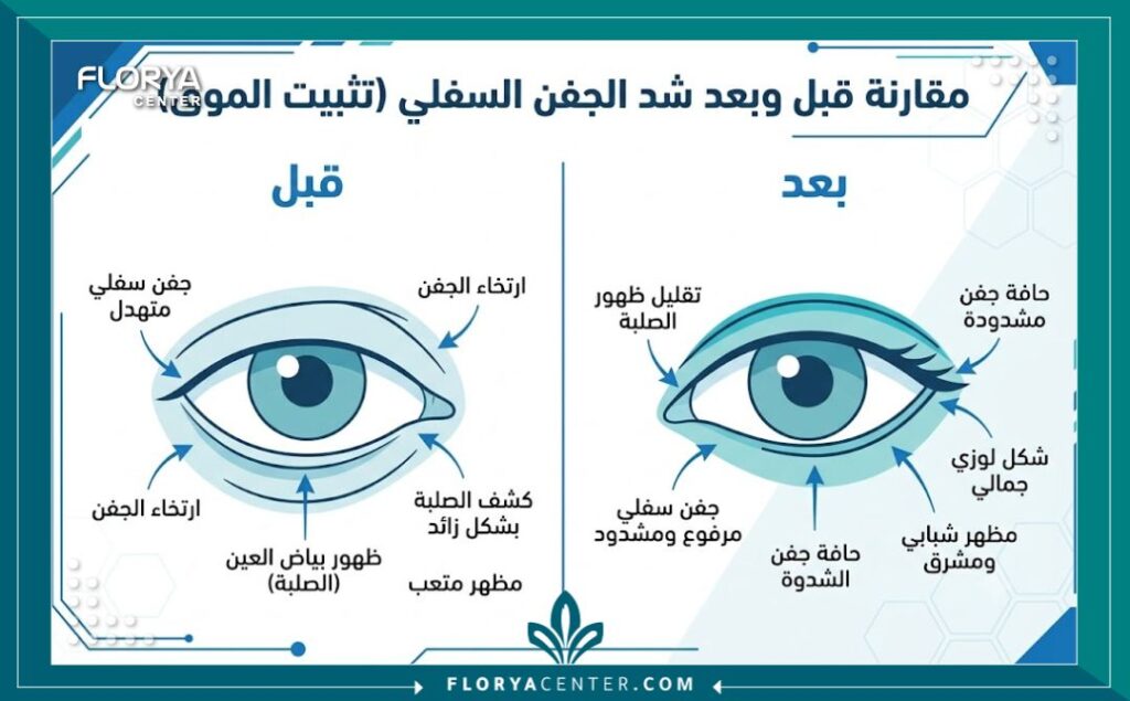إنفوجرافيك يوضح الفرق بين العين قبل وبعد عملية تثبيت الجفن السفلي وعلاج الدمع المستمر وانكشاف بياض العين.