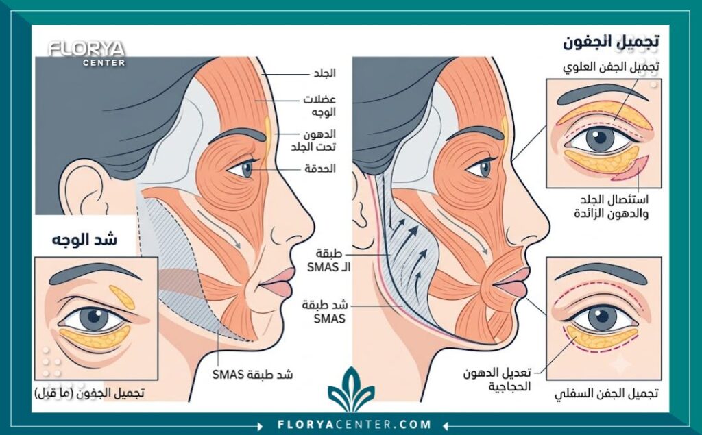 جراحة تجميل الجفون الشاملة مع شد الوجه 2 مخطط طبي يوضح تشريح الوجه والعين ومناطق إزالة الجلد الزائد في عملية شد الوجه وتجميل الجفون الشاملة.