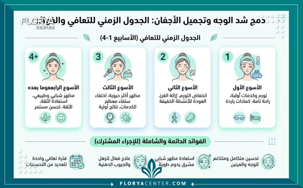 جراحة تجميل الجفون الشاملة مع شد الوجه 3 إنفوجرافيك يوضح مراحل التعافي والجدول الزمني للشفاء بعد عملية جراحة تجميل الجفون الشاملة مع شد الوجه.