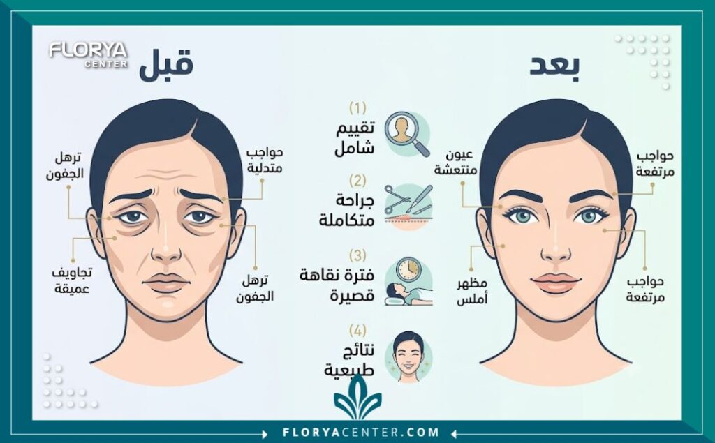 إنفوجرافيك مقارنة بين "قبل" و "بعد" جراحة تجميل محيط العين الشاملة، يوضح النتائج الطبيعية لإعادة شباب الجفون، الحواجب، وتعبئة الوجه العلوي.