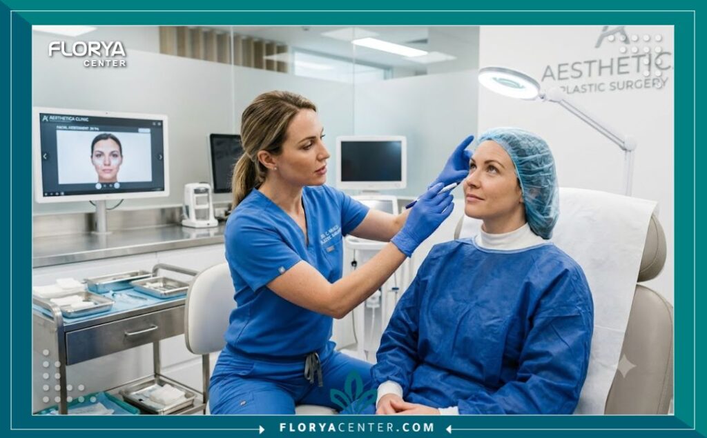 طبيب جراحة تجميل متخصص يقوم بتقييم حالة مريض قبل إجراء جراحة تصحيح العين الغائرة في عيادة مجهزة بأحدث التقنيات.