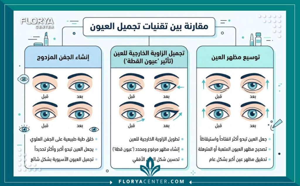 إنفوجرافيك مقارن يوضح الفرق بين تقنيات جراحة تعديل شكل الجفن مثل سحب العين وعمل طية الجفن المزدوج.