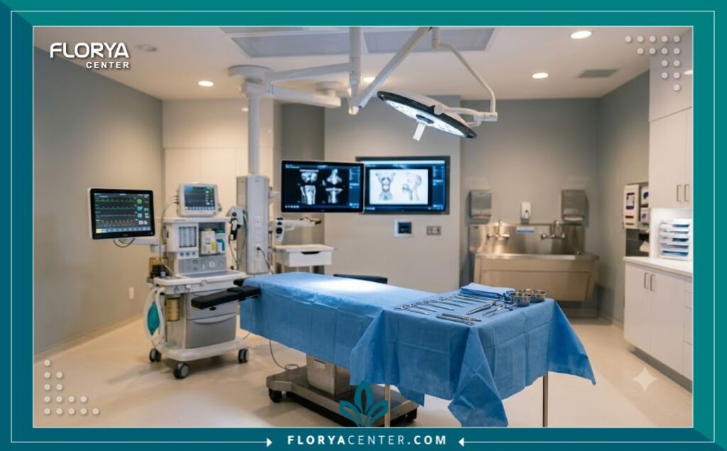 غرفة عمليات تجميلية حديثة ومجهزة بأحدث التقنيات لضمان أعلى مستويات الأمان أثناء جراحة تعديل شكل الجفن.