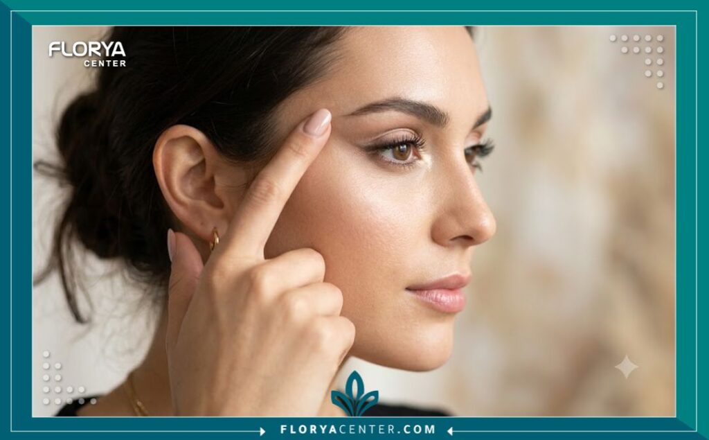 عارضة أزياء تسلط الضوء على منطقة زاوية العين الخارجية بعد إجراء عملية سحب العين وتعديل شكل الجفن.