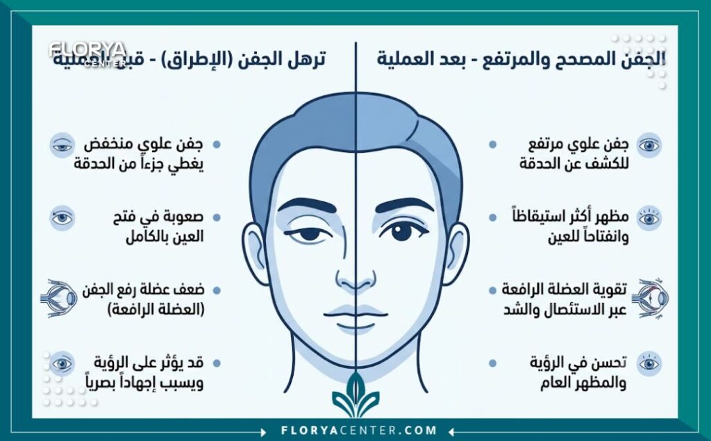 إنفوجرافيك طبي يقارن بين العين قبل وبعد عملية علاج ارتخاء الجفن العلوي وتقصير العضلة الرافعة.