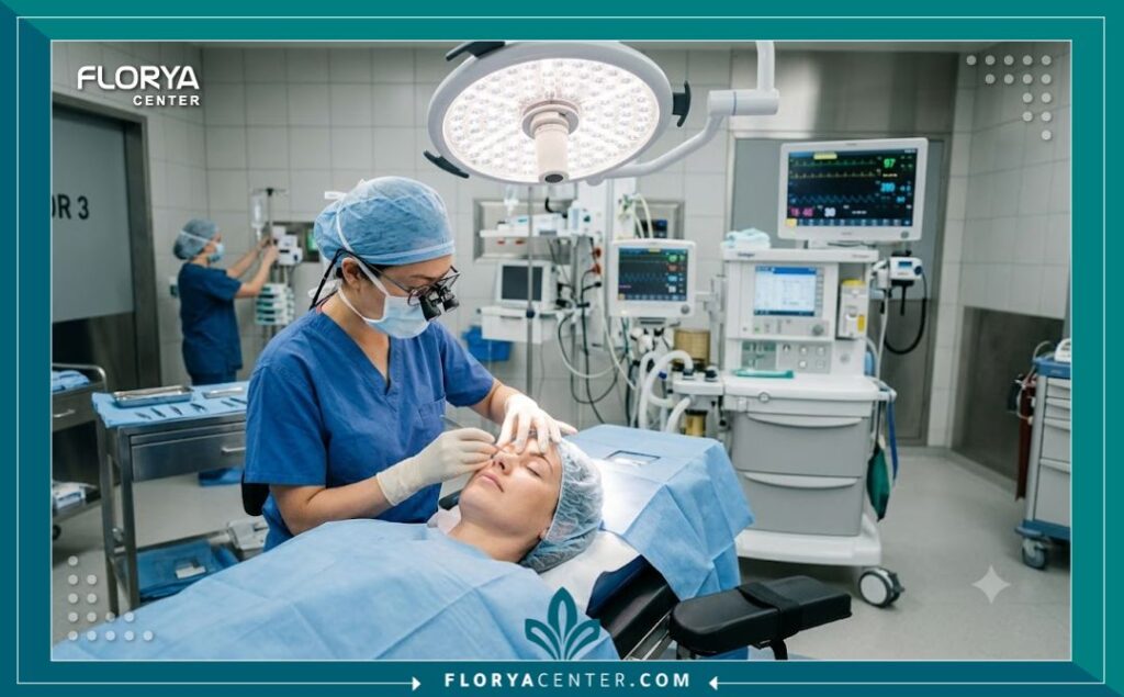 طبيب جراحة تجميل يفحص عين مريضة داخل غرفة عمليات حديثة ومجهزة بأعلى التقنيات.