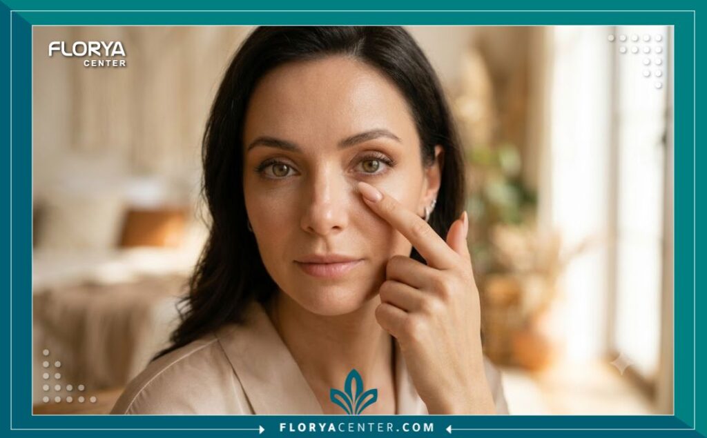 عارضة تبرز منطقة زاوية العين الداخلية بعد إجراء عملية تجميل العيون للحصول على نظرة واسعة ومشرقة.