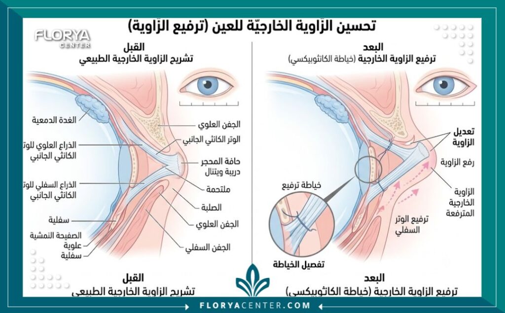 رسم توضيحي طبي يشرح تشريح جراحة رفع طرف العين (Lateral Canthoplasty) وكيفية تعديل الأوتار لسحب زاوية العين الخارجية للأعلى.