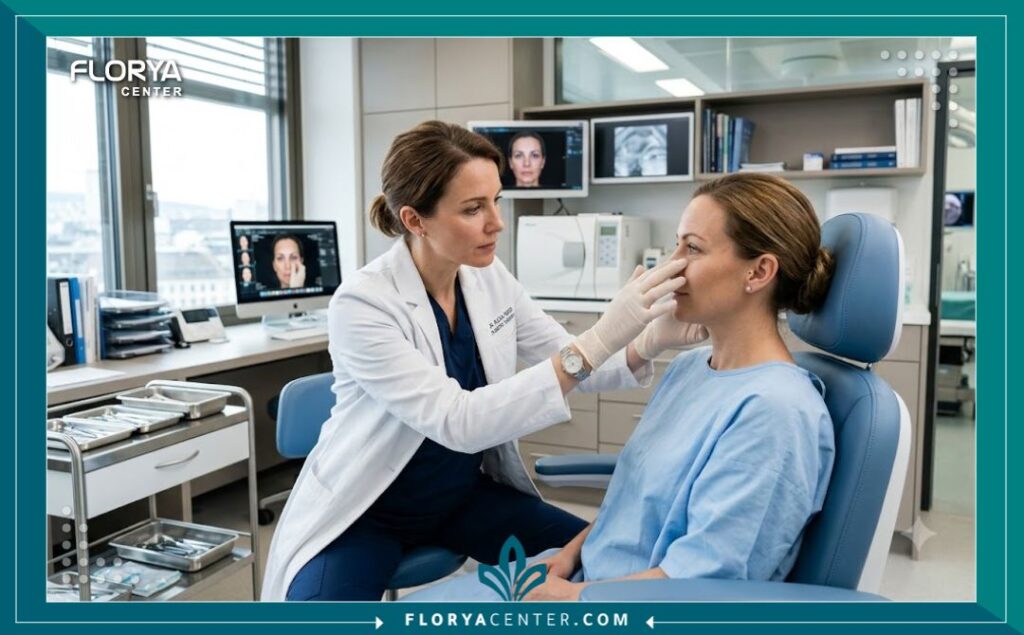طبيب جراحة تجميل متخصص يفحص منطقة أسفل العين لتقييم الأربطة والعضلات في عيادة حديثة.