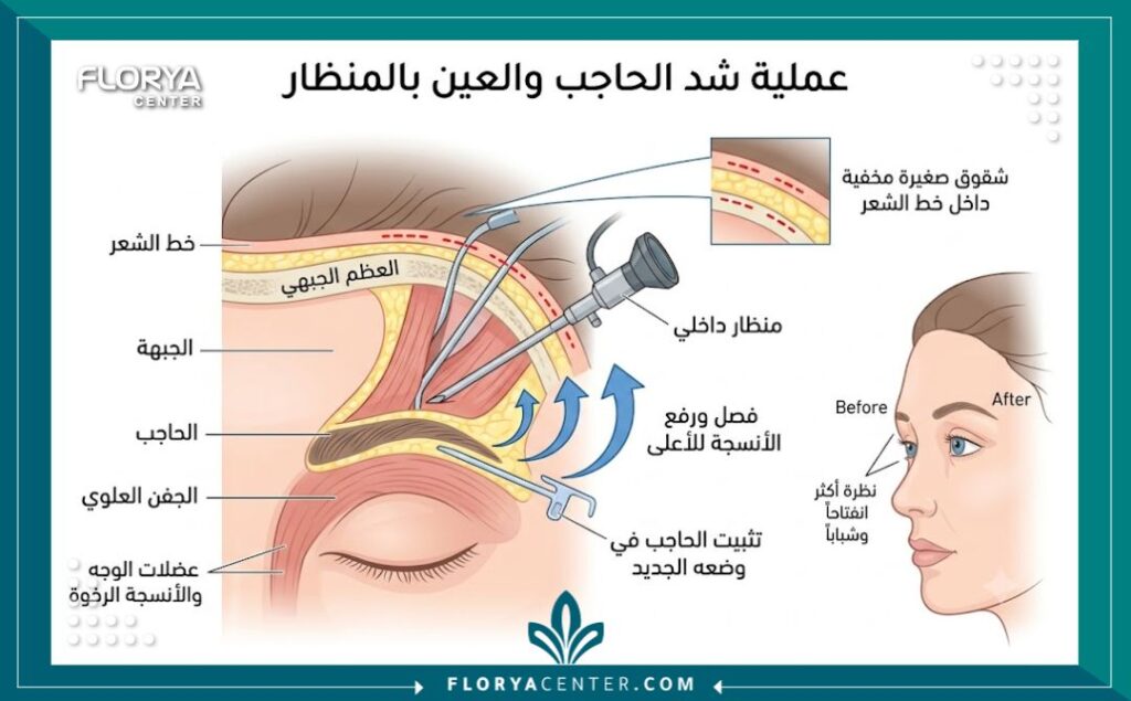 رسم توضيحي طبي يوضح أماكن الشقوق المخفية داخل الشعر أثناء عملية شد الجبهة والعين بالمنظار.