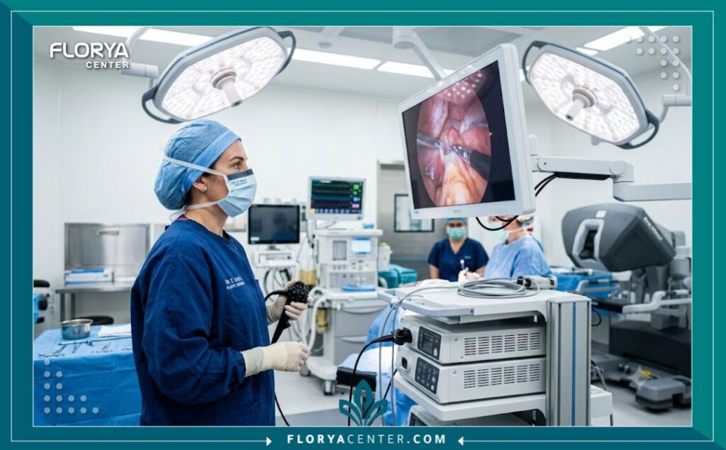 غرفة عمليات حديثة ومجهزة بأحدث تقنيات المناظير لإجراء جراحات تجميل وشد الوجه في تركيا.