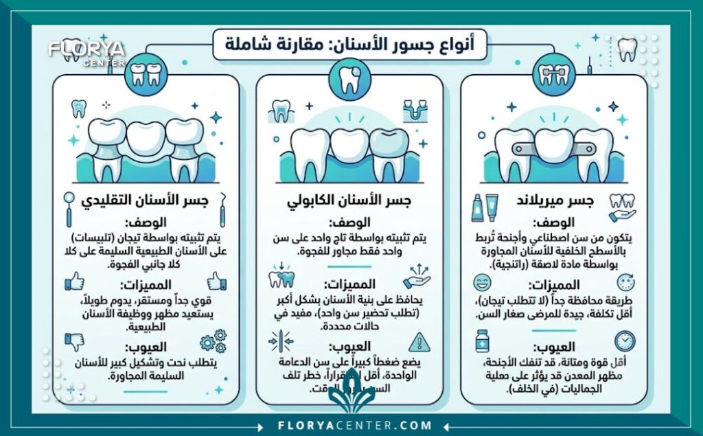 إنفوجرافيك يوضح أنواع جسور الأسنان الثابتة والفرق بينها والخيارات المتاحة في تركيا.