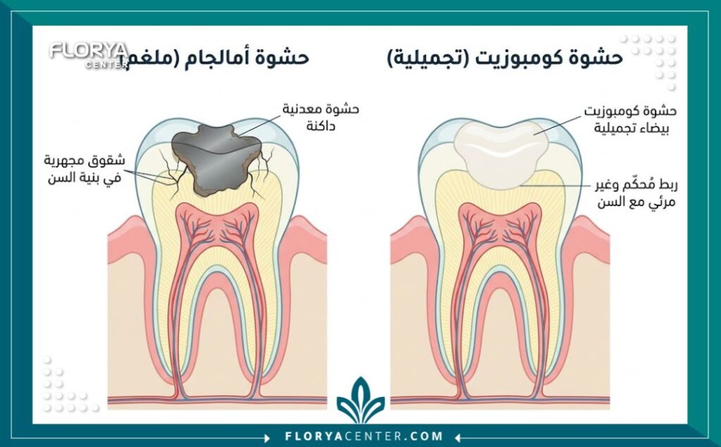 رسم توضيحي طبي يقارن بين تشريح السن بحشوة الأملغم المعدنية والسن المعالج بالحشوة التجميلية البيضاء.