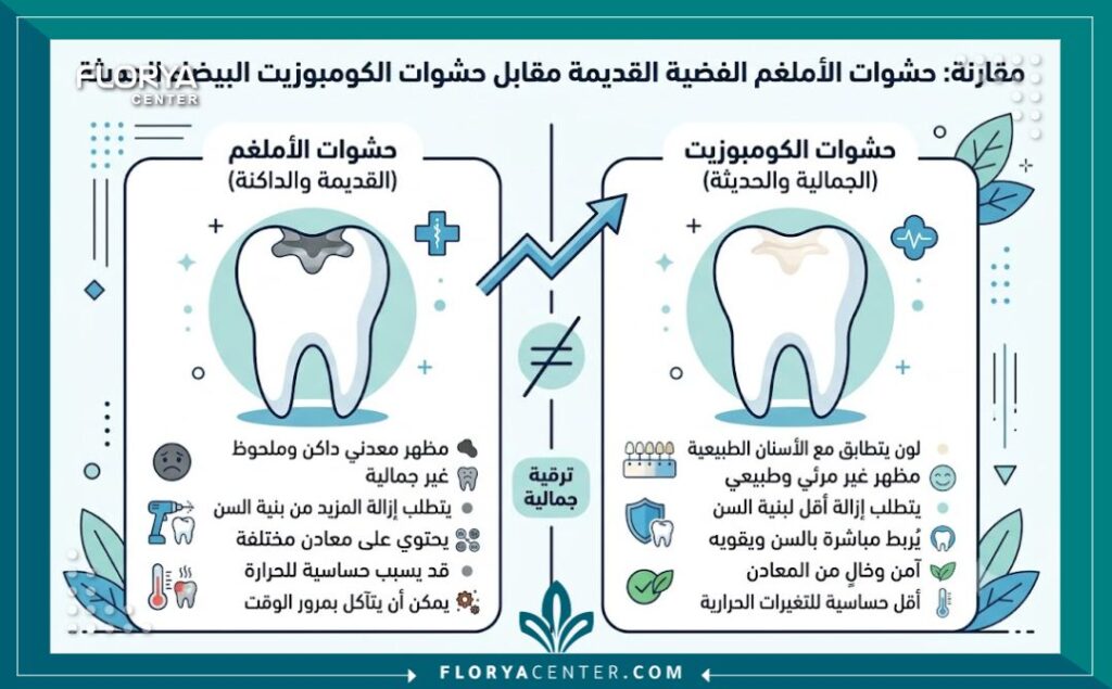 إنفوجرافيك يقارن بين الحشوات المعدنية القديمة وحشوات الكومبوزيت في تركيا التجميلية الحديثة للأسنان.