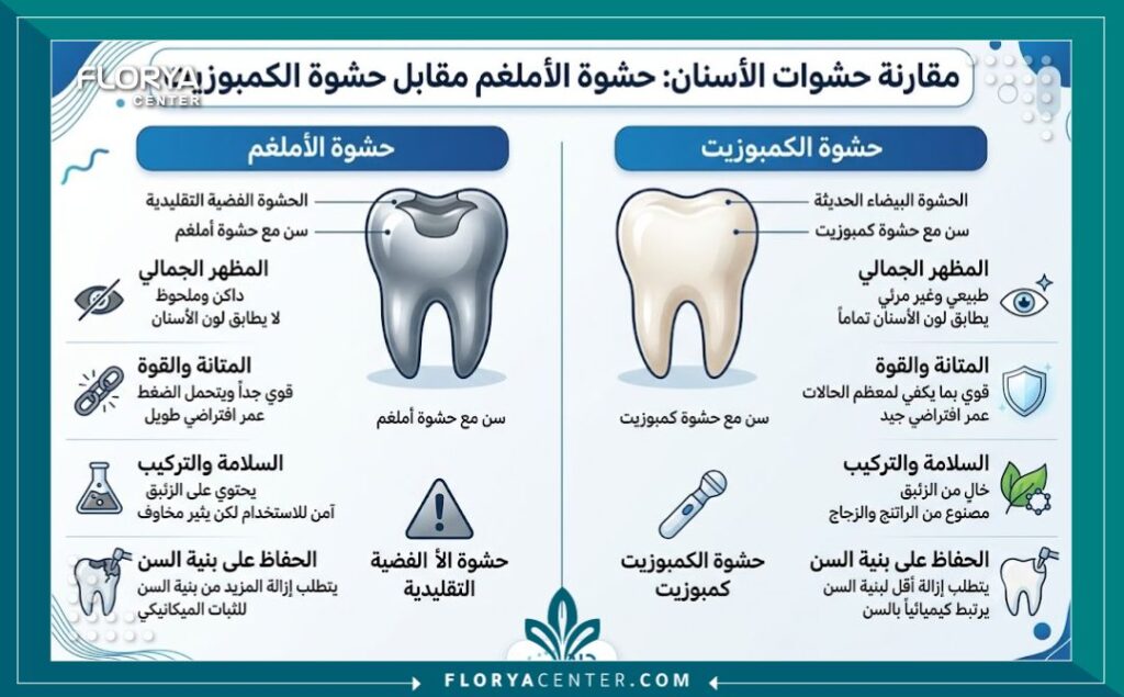 إنفوجرافيك يقارن بين حشوة البلاتين الفضية القديمة والحشوات التجميلية البيضاء في تركيا.