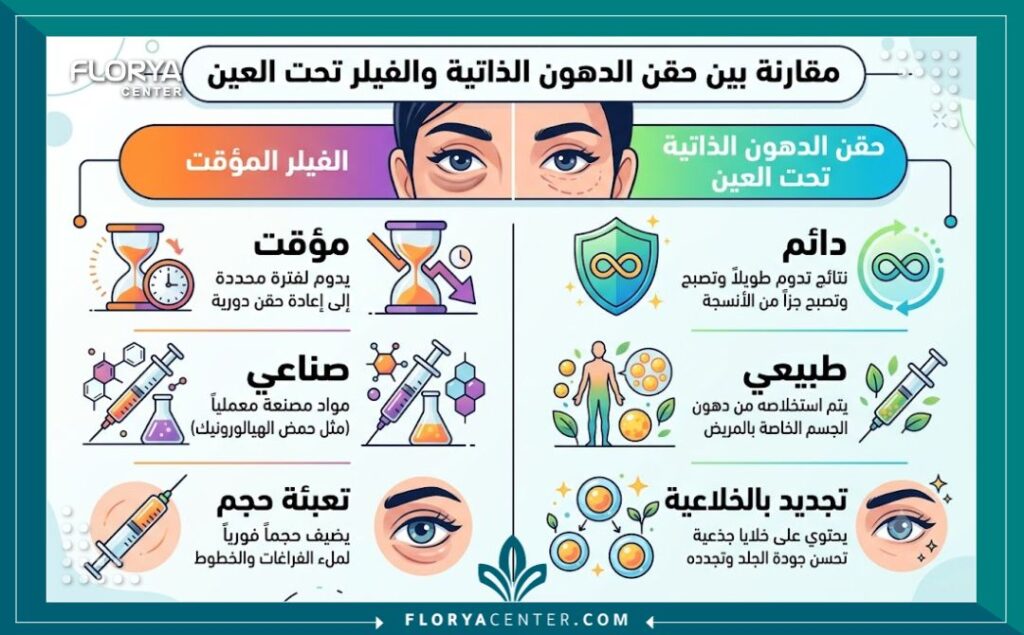 إنفوجرافيك مقارنة بين حقن الدهون الذاتية الدائمة والطبيعية تحت العين والفيلر المؤقت في اسطنبول.