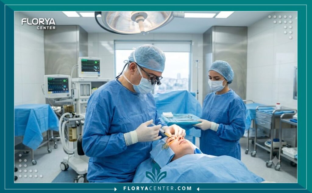 جراح تجميل في غرفة عمليات معقمة في اسطنبول يجري عملية حقن الدهون الذاتية تحت العين بدقة.