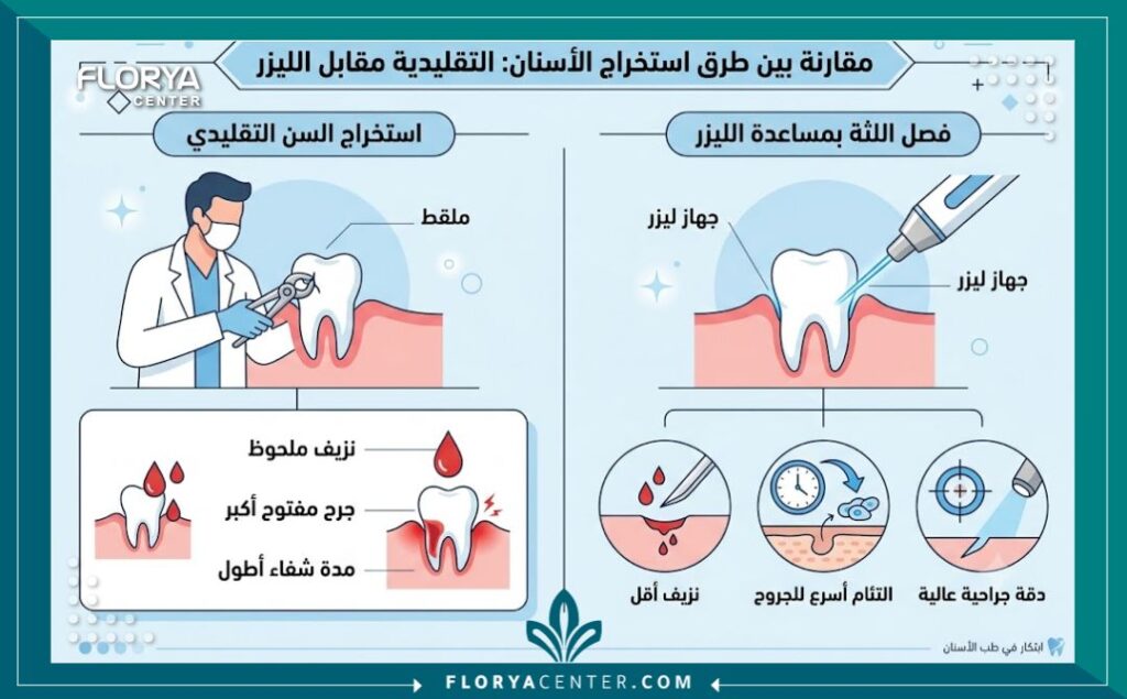 إنفوجرافيك يقارن بين خلع الأسنان التقليدي خلع الاسنان بالليزر في تركيا حيث يتم استخدام الليزر لقطع اللثة، موضحاً مميزات الليزر مثل قلة النزيف وسرعة التئام الجرح