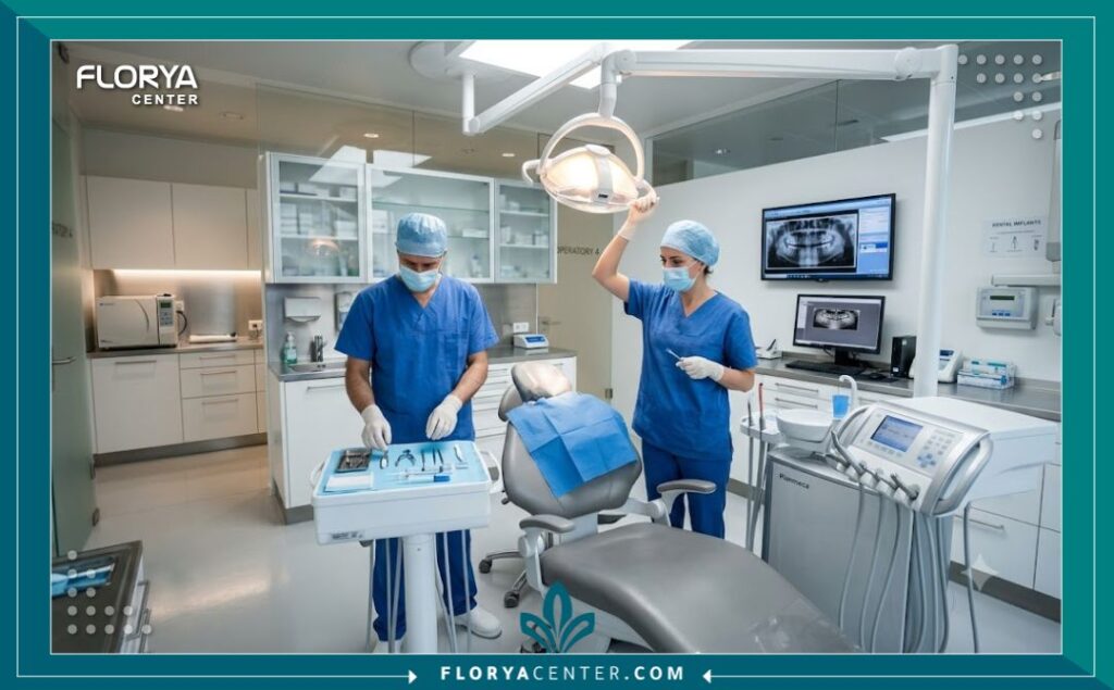 غرفة عمليات أسنان معقمة ومجهزة بأحدث التقنيات لإجراء جراحة خلع ضرس العقل في إسطنبول بأمان تام.