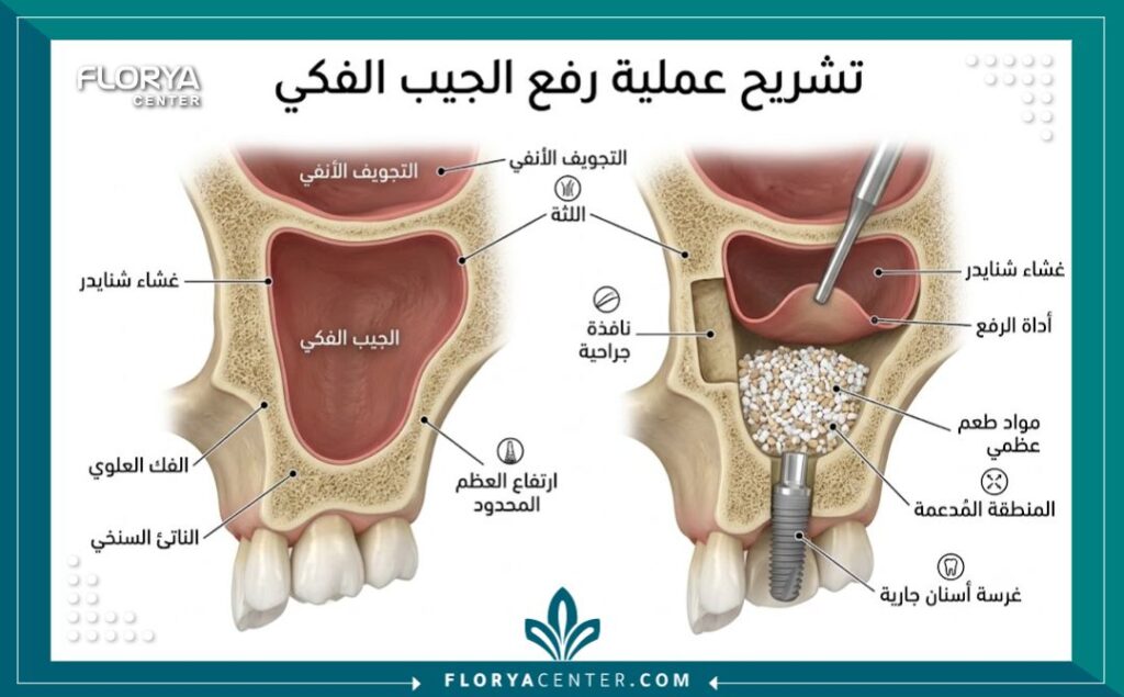 رسم توضيحي طبي يشرح خطوات إجراء عملية رفع الجيب الفكي وزراعة العظم في الفك العلوي.