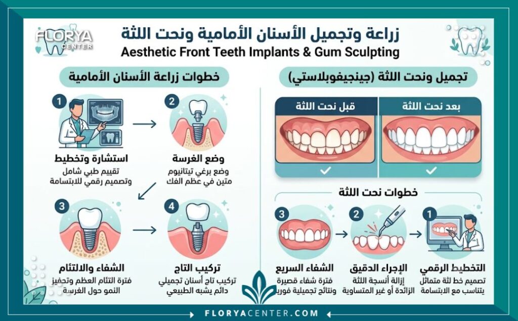 زراعة الاسنان الامامية في تركيا 3 إنفوجرافيك يوضح خطوات زراعة الاسنان الامامية في تركيا التجميلية في تركيا والفرق قبل وبعد نحت اللثة.