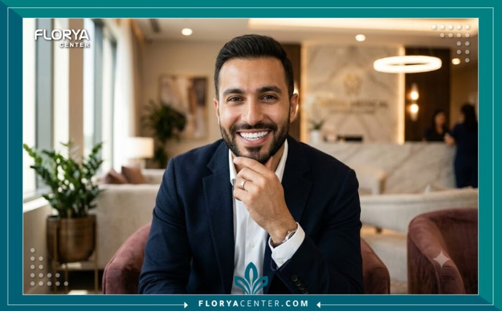 زراعة الاسنان الامامية في تركيا 5 رجل يبتسم بثقة تامة تبرز نجاح عملية زراعة الأسنان الأمامية وتناسقها الطبيعي مع منطقة الابتسامة.