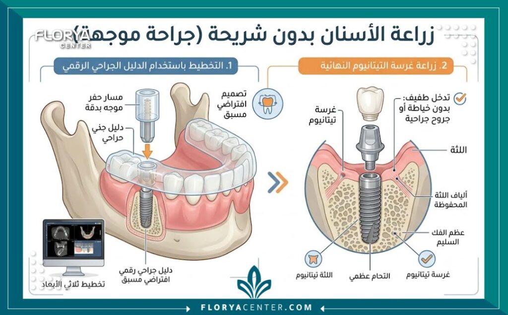رسم توضيحي طبي لطبقات اللثة والفك يشرح خطوات زراعة الأسنان بدون جراحة واستخدام الدليل الجراحي.