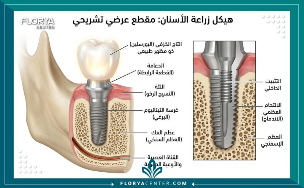 زراعة الاسنان في تركيا 2 رسم توضيحي طبي مفصل يوضح تشريح ومكونات زراعة الاسنان في عظم الفك.
