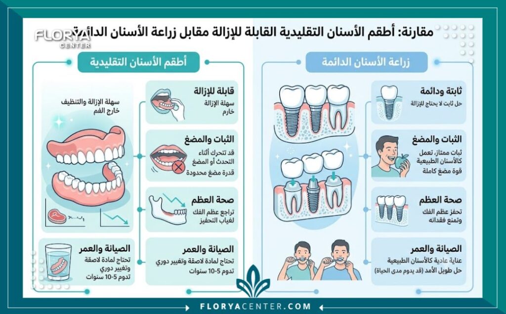زراعة الاسنان في تركيا 3 إنفوجرافيك يقارن بين طقم الأسنان التقليدي والحلول الدائمة عبر زراعة الاسنان في تركيا لاستعادة القدرة على المضغ.