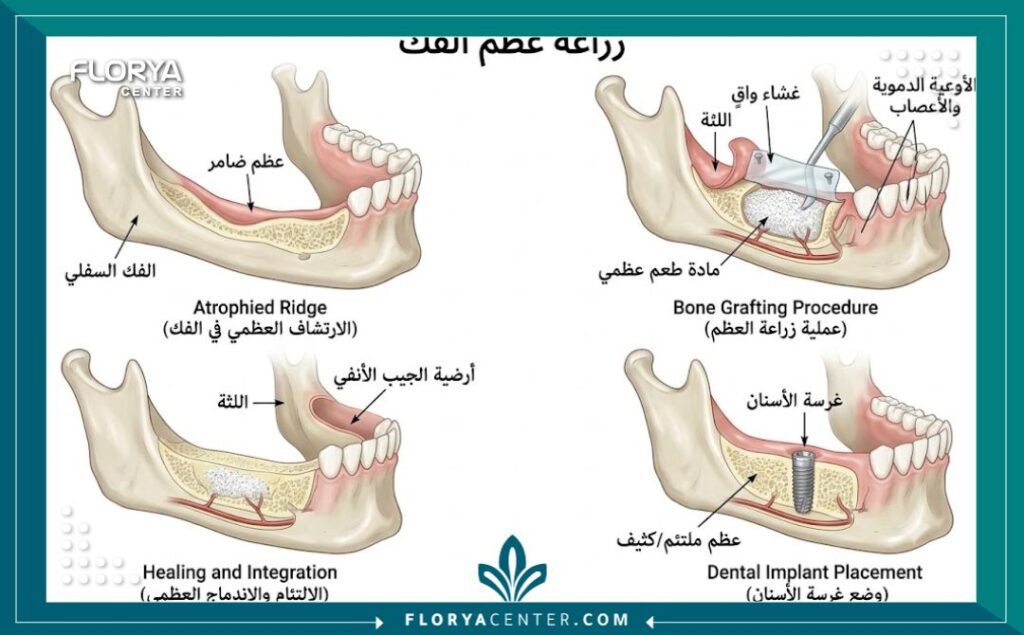 رسم توضيحي طبي ثلاثي الأبعاد يوضح خطوات عملية تطعيم وزراعة عظم الفك للأسنان.