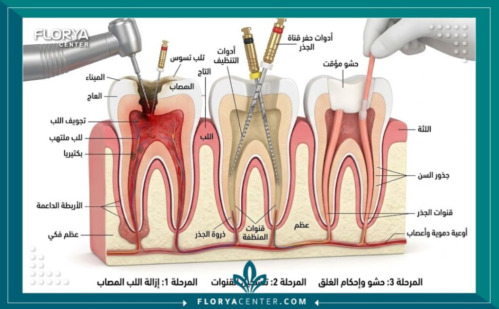 سحب العصب في تركيا 2 رسم توضيحي طبي يوضح تشريح السن وخطوات سحب العصب للتخلص من الالتهاب الجذري والألم.
