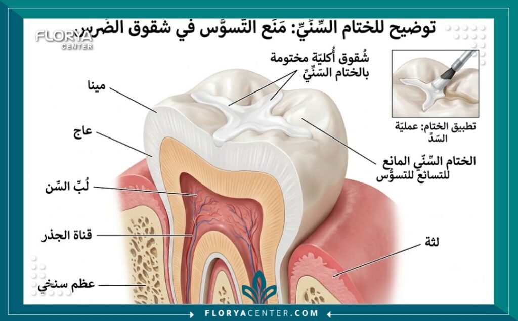 رسم توضيحي طبي يوضح تشريح الضرس وكيفية تطبيق المادة السادة للشقوق المينائية لحمايته من تراكم الطعام والتسوس.