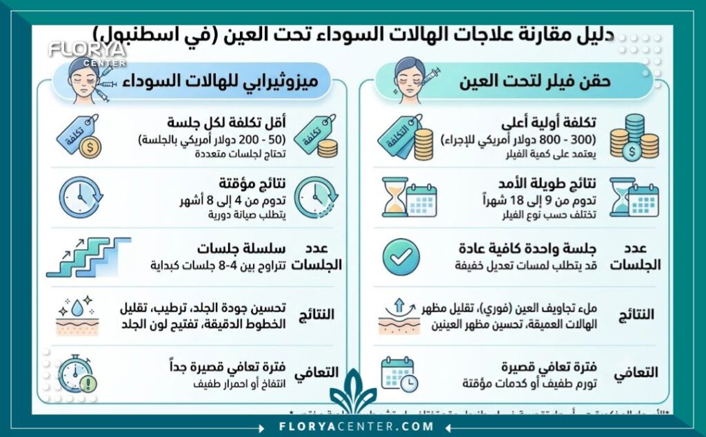 سعر حقن الهالات السوداء في اسطنبول 3 إنفوجرافيك يوضح مقارنة بين سعر حقن الهالات السوداء في اسطنبول ومميزات أنواع حقن الهالات السوداء المختلفة في تركيا.