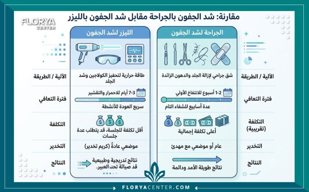 سعر شد الجفون في تركيا 3 إنفوجرافيك يقارن بين تقنيات جراحة شد الجفون التقليدية وشد الجفون بالليزر من حيث سعر شد الجفون في تركيا والتعافي.