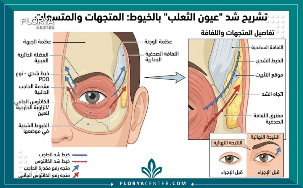مخطط تشريحي طبي يوضح ناقلات رفع الحاجب والعين في عملية الفوكسي آيز