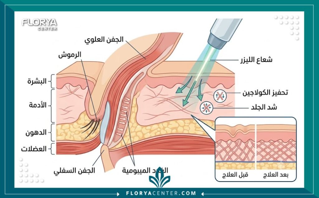 سعر عملية تجميل الجفون بالليزر في تركيا 2 رسم تخطيطي طبي يوضح كيفية عمل ليزر شد الجفون في تحفيز الكولاجين.
