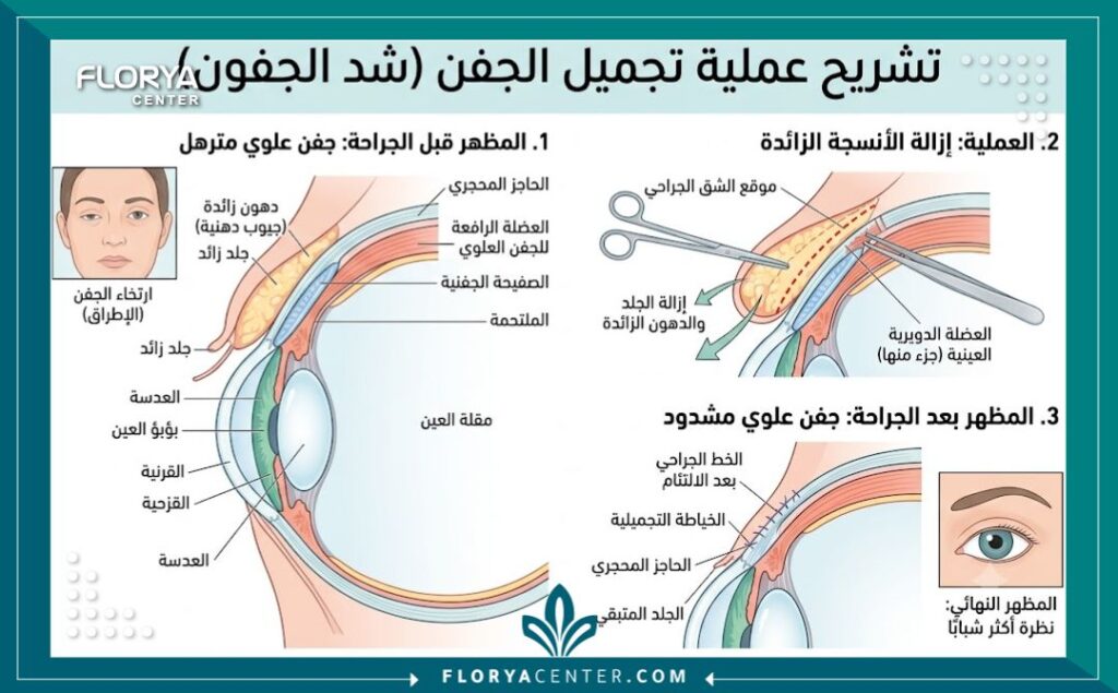 رسم توضيحي طبي يشرح تشريح العين وخطوات جراحة شد الجفون العلوية وإزالة الجلد الزائد.